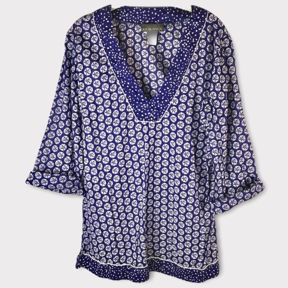 La Blanca S Small Tunic Navy Blue Batik 3/4 sleeve Free Shipping